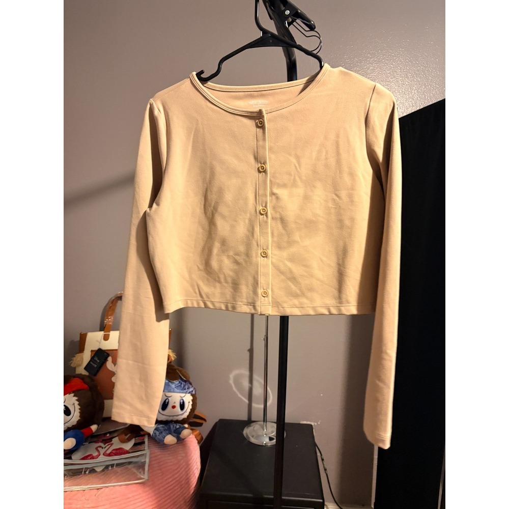 Wild Fable Tan Long Sleeve Cropped Button Up Shirt Sz M